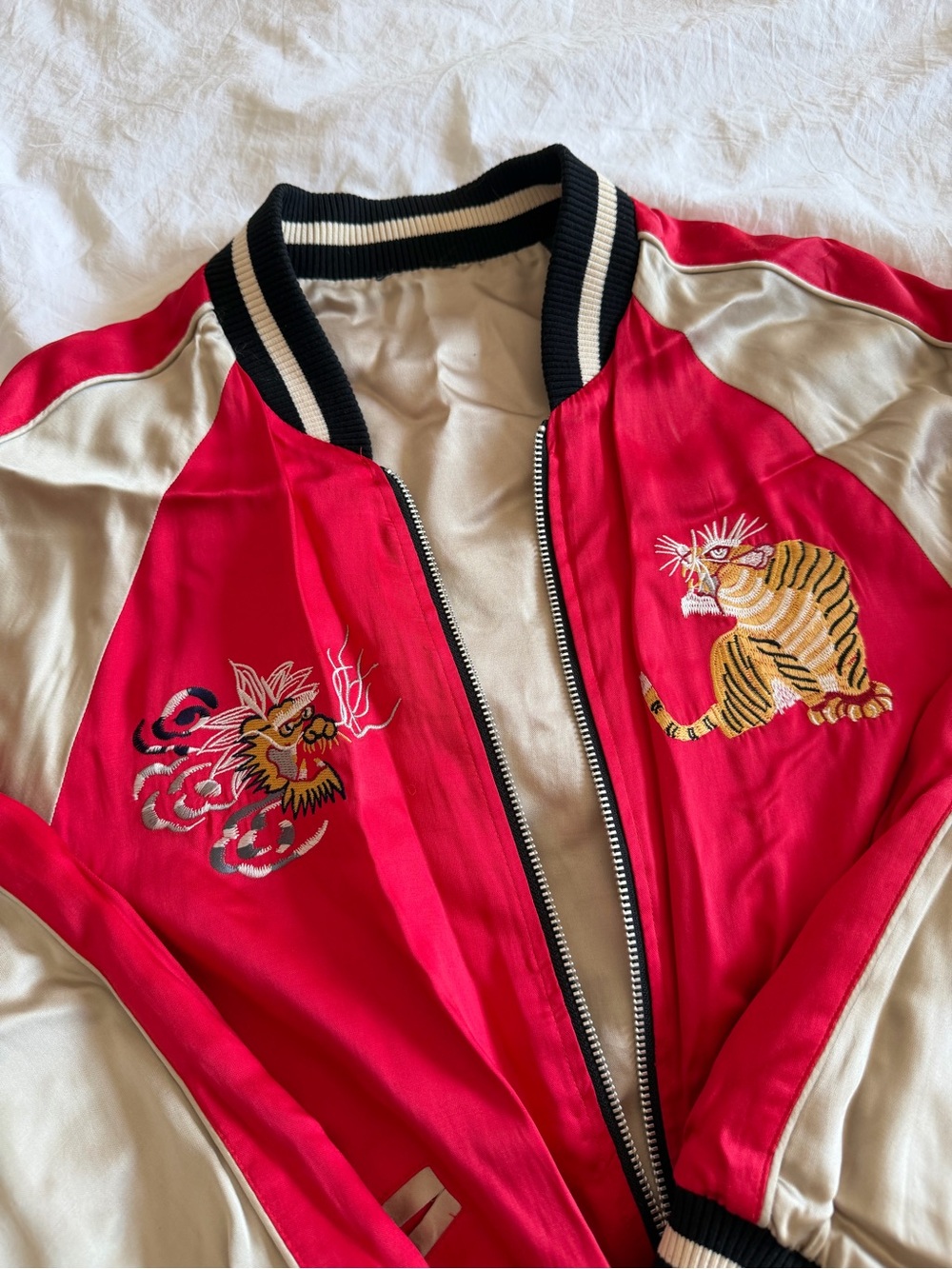 Embroidered Reversible Tiger Satin Bomber Jacket